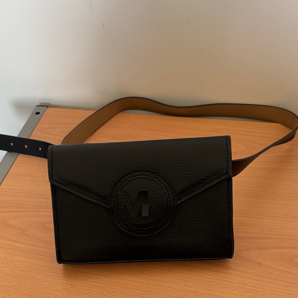 Black Leather Belt Bag with Embossed Circle Detail